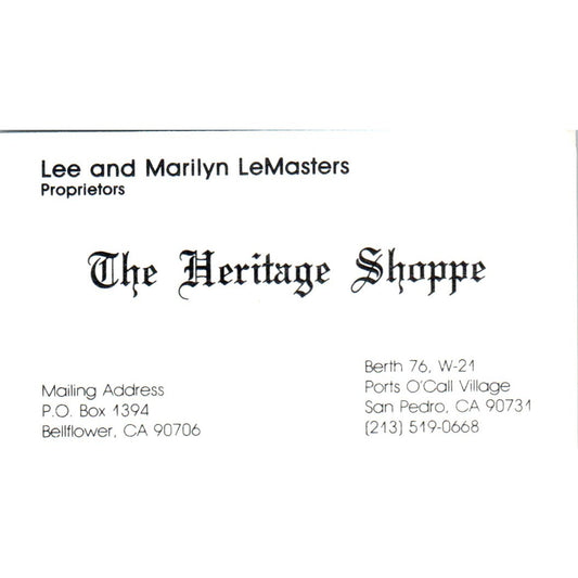 The Heritage Shoppe Lee & Marilyn LeMasters San Pedro Vtg Business Card SD8-B19
