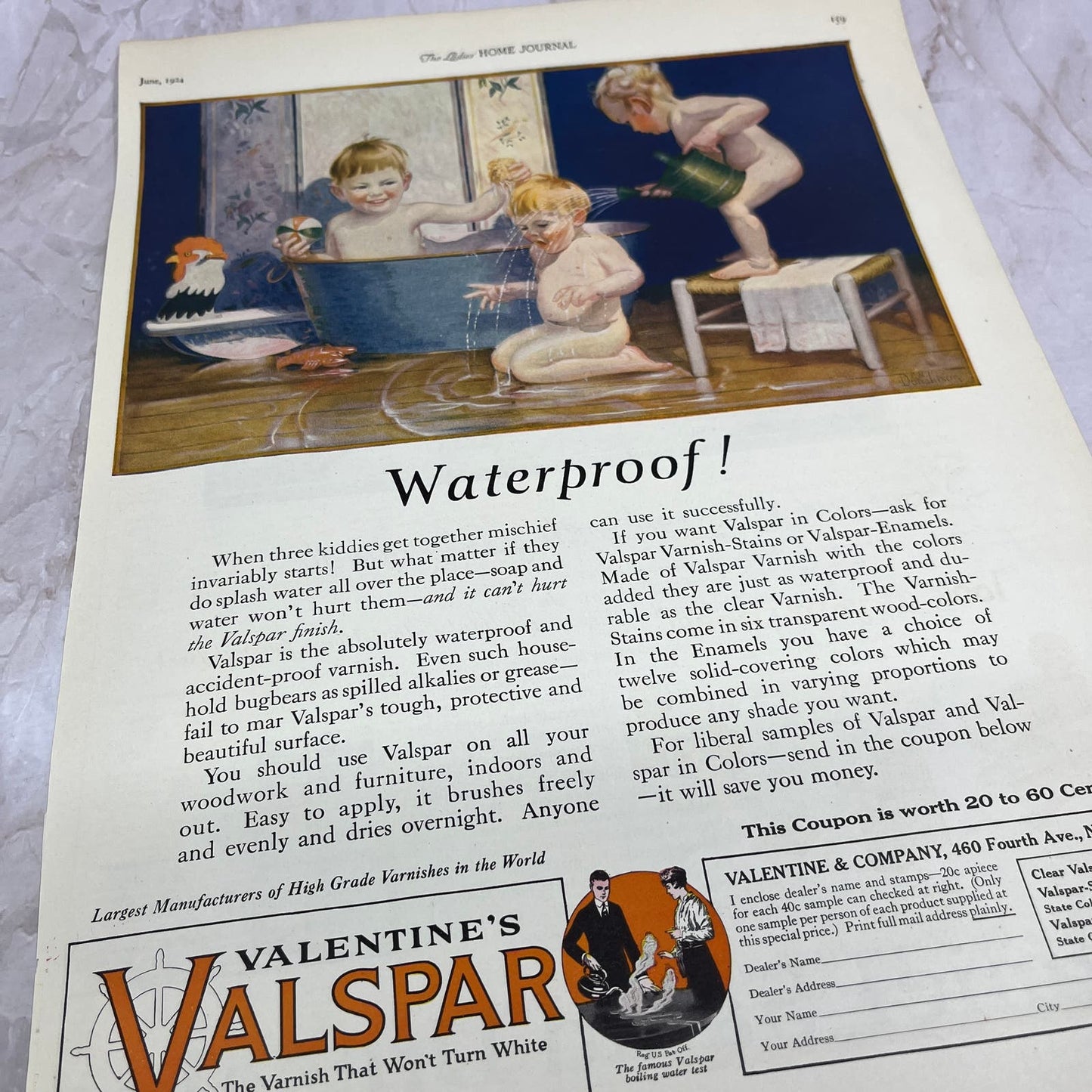 Valentine's Valspar Varnish That Won't Turn White NY 1924 Magazine Ad FL6-11