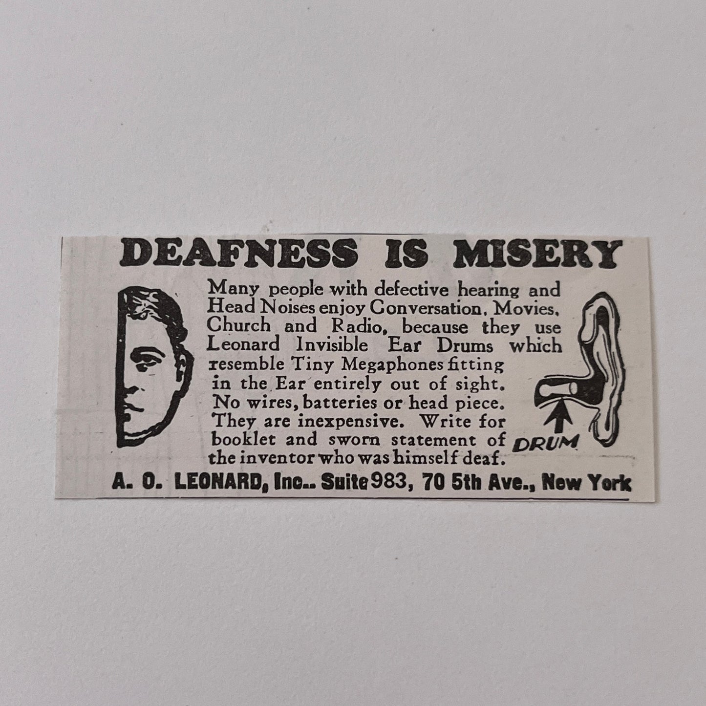 A.O. Leonard , Inc. Deafness is Misery New York NY 1936 Ad SAG4-M4