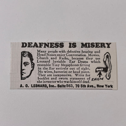 A.O. Leonard , Inc. Deafness is Misery New York NY 1936 Ad SAG4-M4