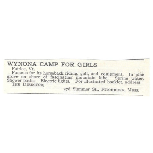 Wynona Camp For Girls Fairlee VT c1920 Harper’s Magazine Ad AG4-S1