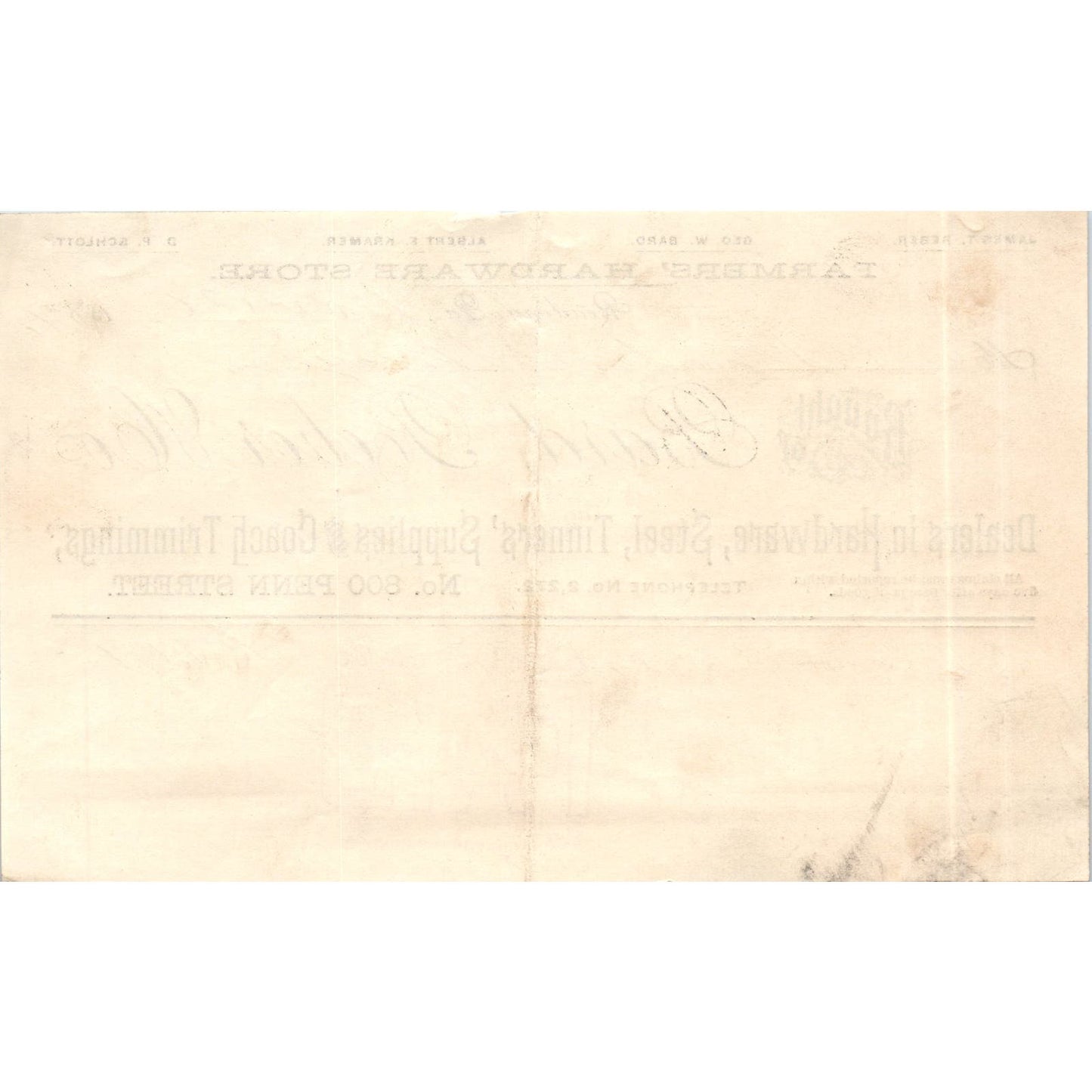 1889 Bard, Reber Co Hardware Reading PA Original Billhead Letterhead Receipt AE7