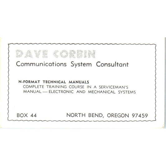 Dave Corbin Communications Systems North Bend OR Vintage Business Card SD8-B5