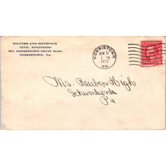 1922 Hiltner and Hitchcock Civil Engineers Norristown PA Postal Cover TG7-PC1