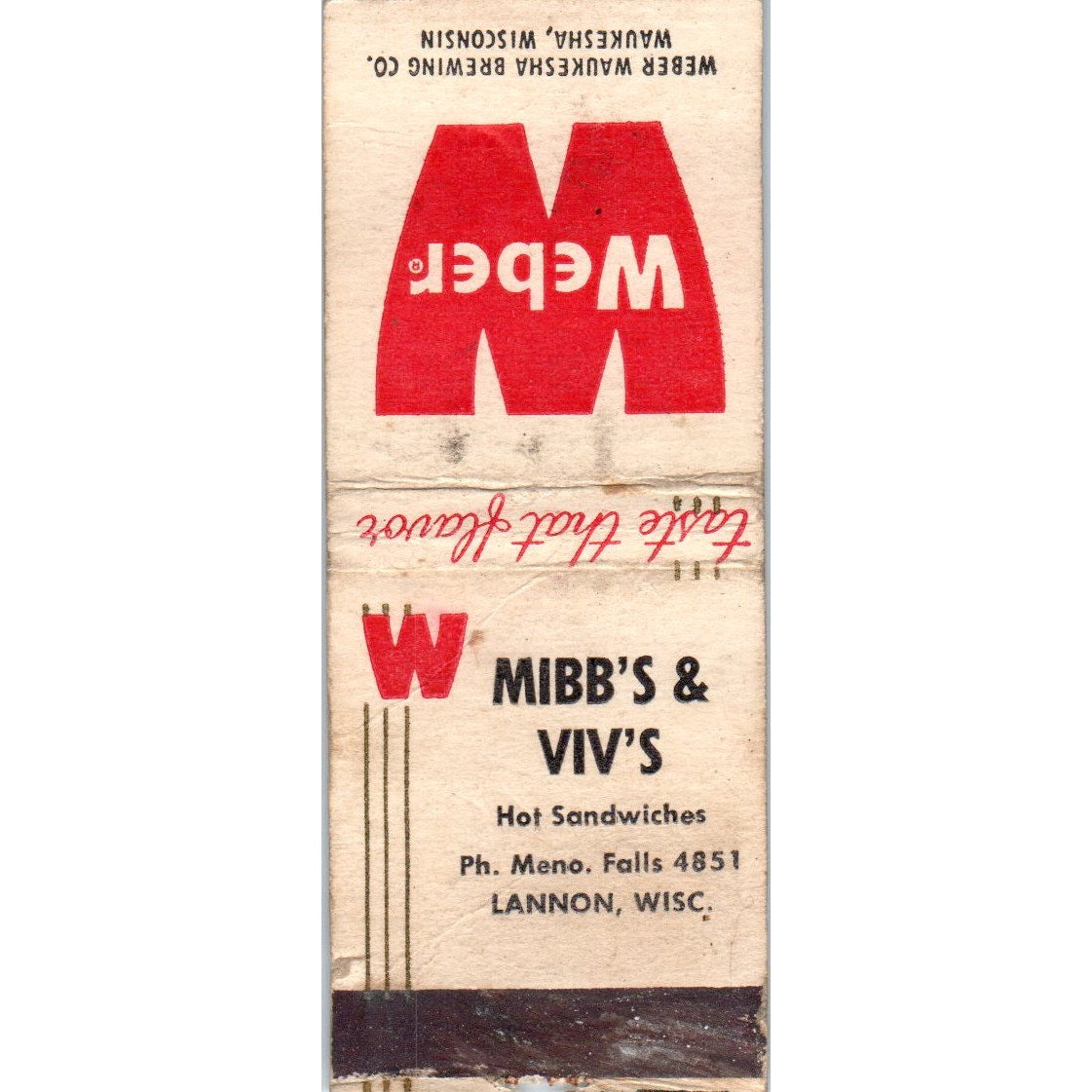Mibb's & Viv's Hot Sandwiches Lannon WI Vintage Matchbook Cover SD4-Y10
