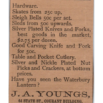 J.A. Youngs Hardware 64 State St Courant Bldg Hartford 1886 Newspaper Ad AF7-E5