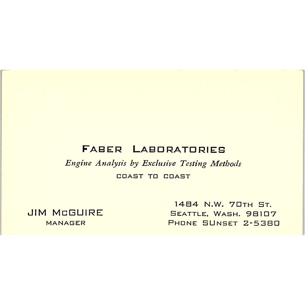 Jim McGuire Faber Laboratories Seattle WA Vintage Business Card SE3-B13