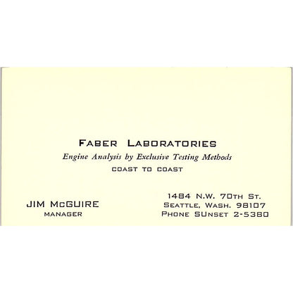 Jim McGuire Faber Laboratories Seattle WA Vintage Business Card SE3-B13