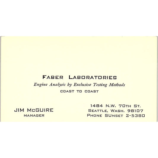 Jim McGuire Faber Laboratories Seattle WA Vintage Business Card SE3-B13