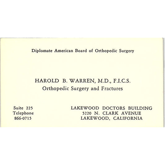 Orthopedic Surgery & Fractures Harold B. Warren Lakewood CA Business Card SF3-B8