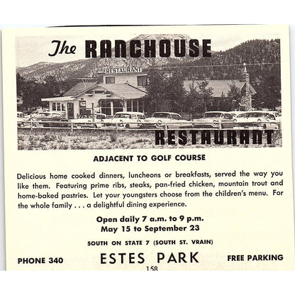 Twin Owls Motor Lodge, The Ranchouse Restaurant Estes Park CO 1958 Ad AG1-H1