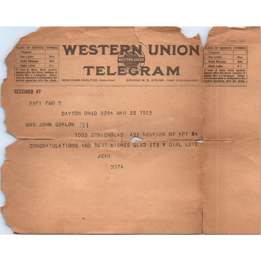 1923 Western Union Telegram John Gorlow Dayton Ohio Baby Congratulations AE6