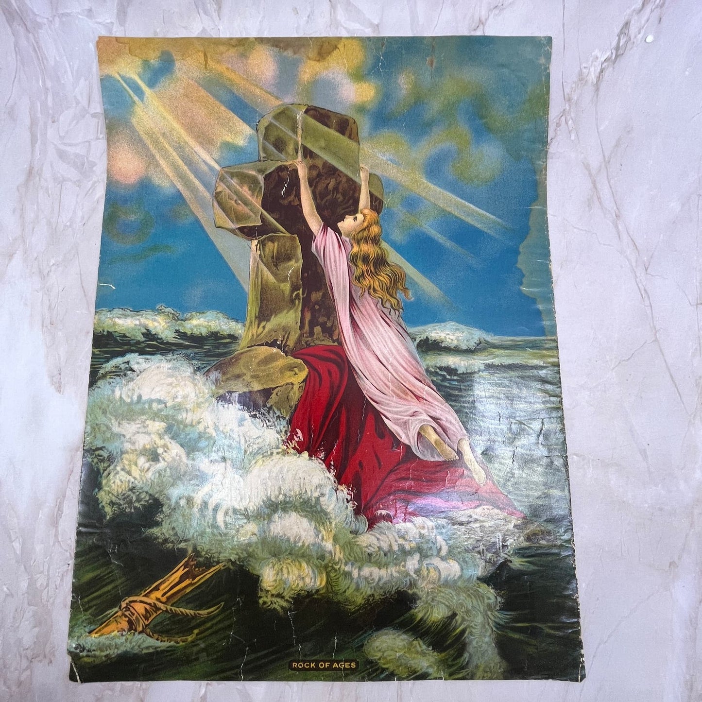 Vintage Rock of Ages Christian Art Print Lithograph 12x16 FL6-3