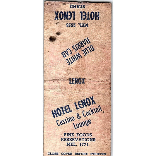 Hotel Lenox Cassino & Cocktail Lounge Vintage Matchbook Cover SF3-Y3