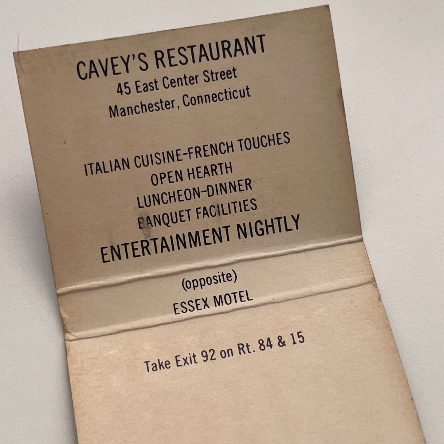 Cavey's Restaurant of Manchester CT Vintage Matchbook Cover TB8-MB-6