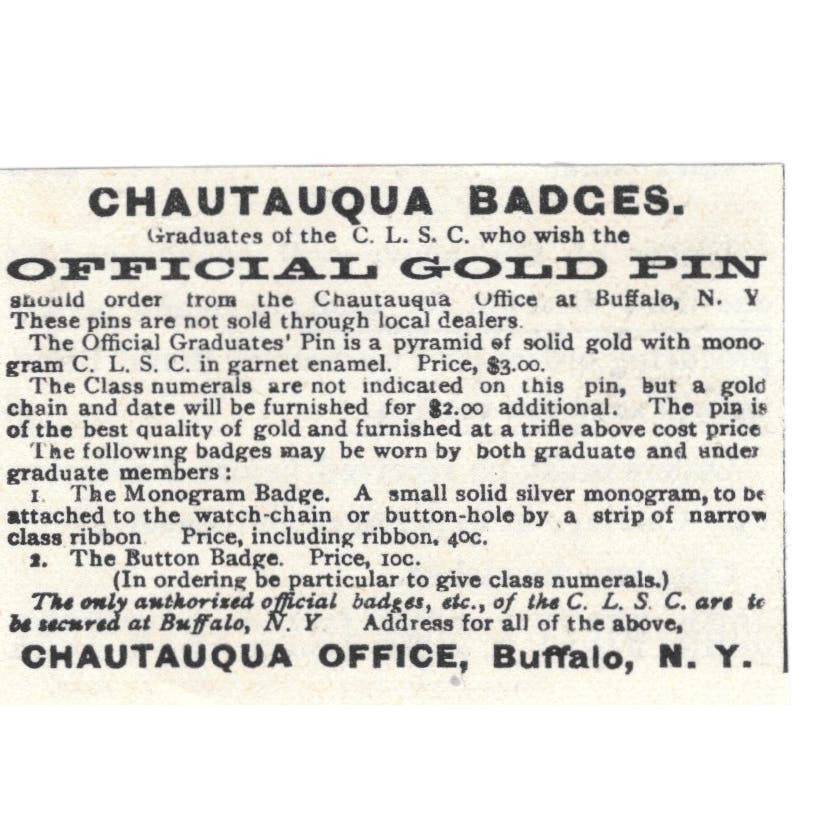 Chautauqua Badges Official Gold Pin Buffalo NY c1890 Victorian Ad AE9-CH1
