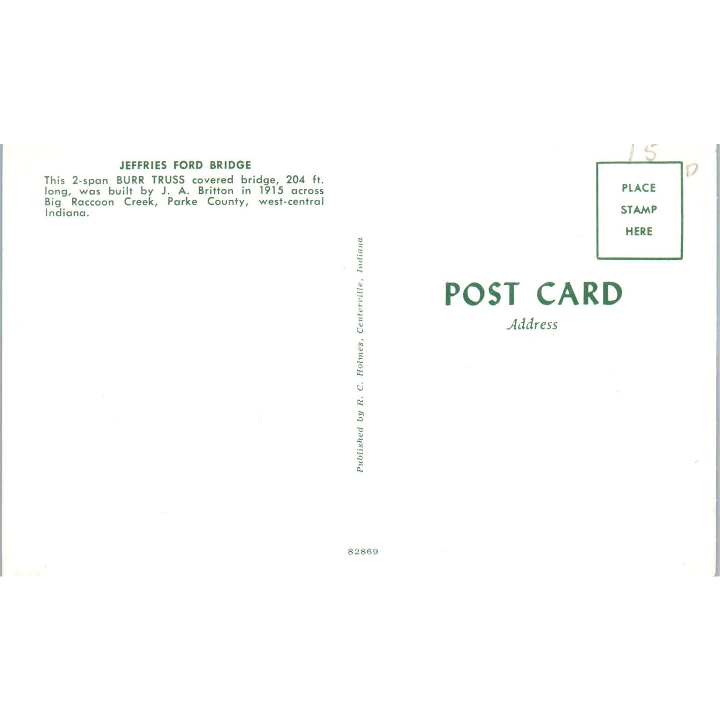 Jeffries Ford Bridge Parke County Big Raccoon Creek Covered Bridge Postcard PC8