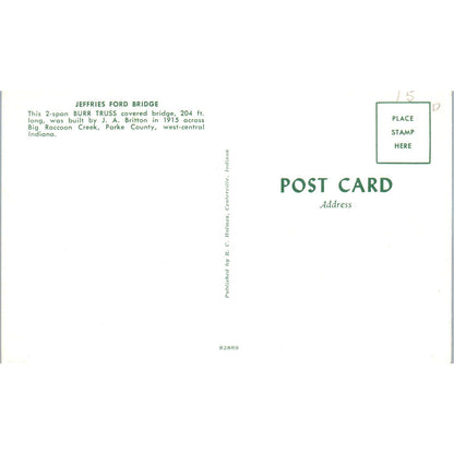 Jeffries Ford Bridge Parke County Big Raccoon Creek Covered Bridge Postcard PC8