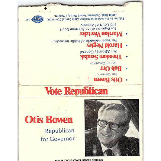 Vote Otis Bowen for Republican Governor Indiana Vintage Matchbook TB6-MB2-13
