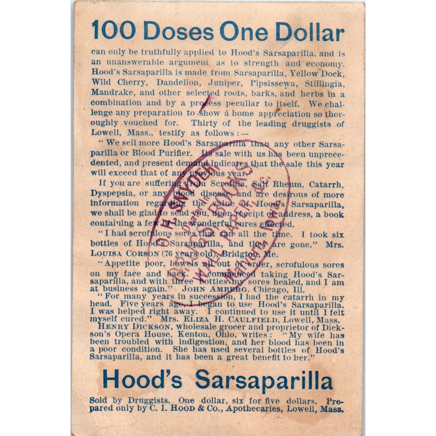 Hood's Sarsaparilla O.H. Snyder Drugs Malvern IA Girl w/ Hounds Trade Card AB6-2