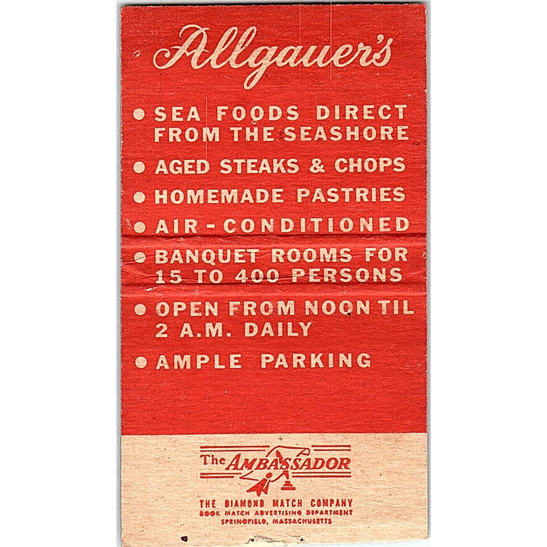 Allgauer's Restaurants Seafood Lobster Ridge Ave Vintage Matchbook Cover SC7-Y3