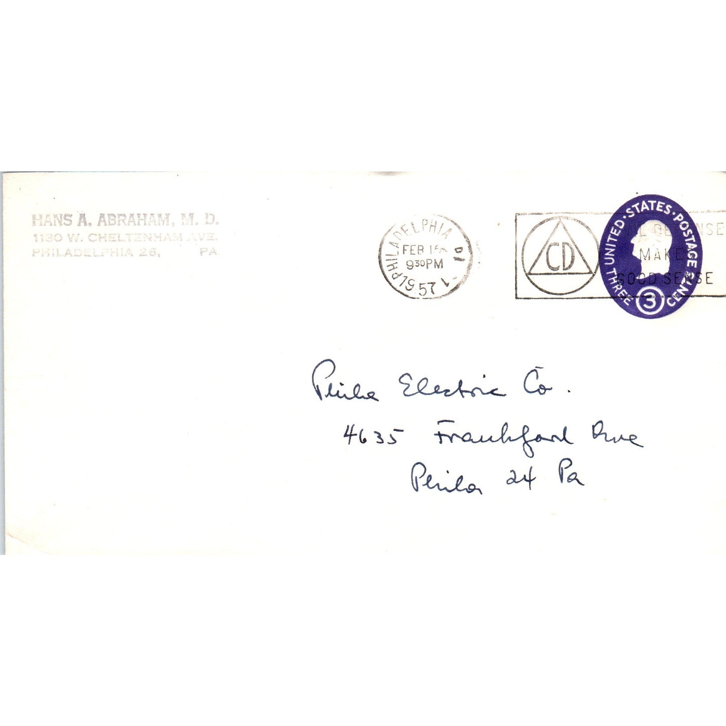 1957 Hans A. Abraham MD Philadelphia PA Postal Cover Envelope TG7-PC3