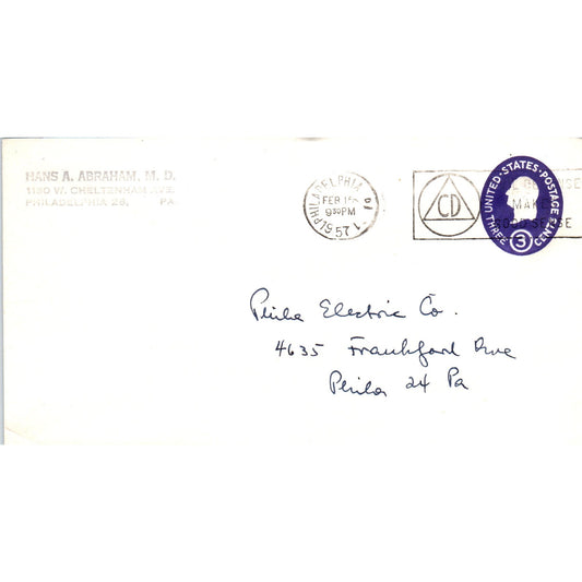 1957 Hans A. Abraham MD Philadelphia PA Postal Cover Envelope TG7-PC3
