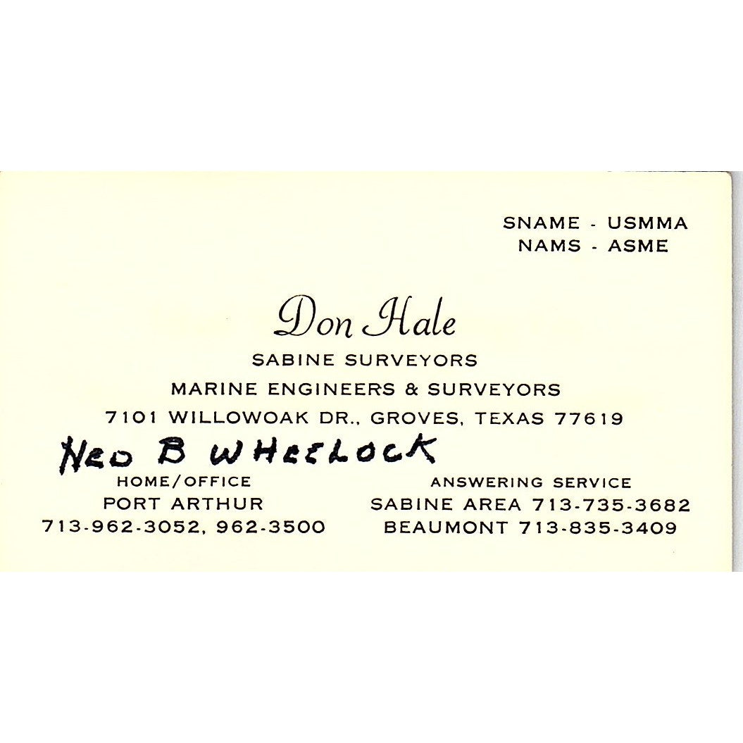Don Hale Sabine Surveyors Port Arthur TX Vintage Business Card SD9-B12