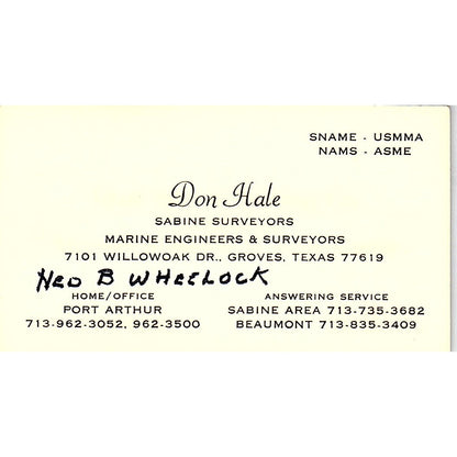 Don Hale Sabine Surveyors Port Arthur TX Vintage Business Card SD9-B12