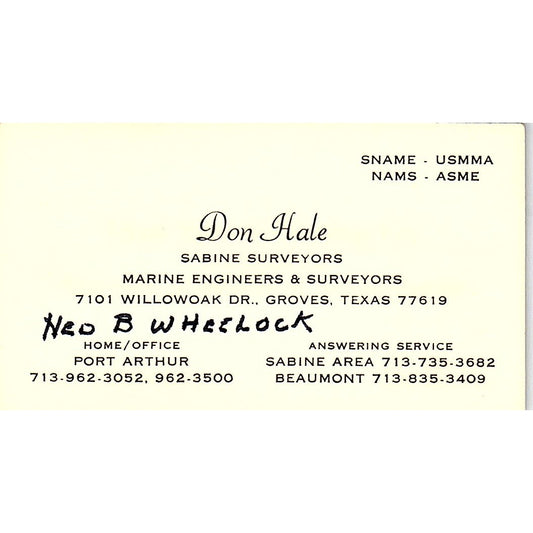 Don Hale Sabine Surveyors Port Arthur TX Vintage Business Card SD9-B12