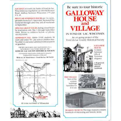 Vintage Galloway House and Village Fond Du Lac Wisconsin Travel Brochure TF4-B4