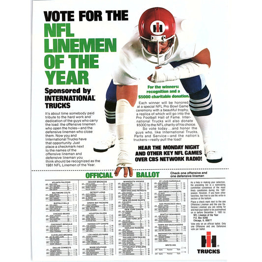 NFL Lineman of the Year International Trucks IH Harvester 8x11" 1981 Ad D26
