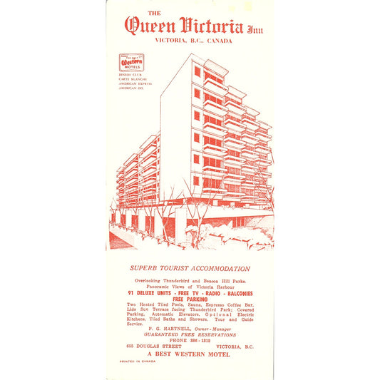 The Queen Victoria Inn Victoria BC Canada 1960s Travel Leaflet TH2-TB4