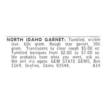 Gem State Gems North Idaho Garnet Orofino Idaho 1972 Ad AF8-S16