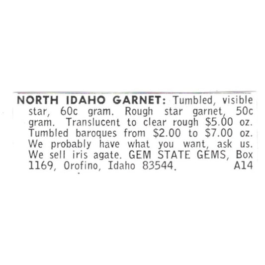 Gem State Gems North Idaho Garnet Orofino Idaho 1972 Ad AF8-S16