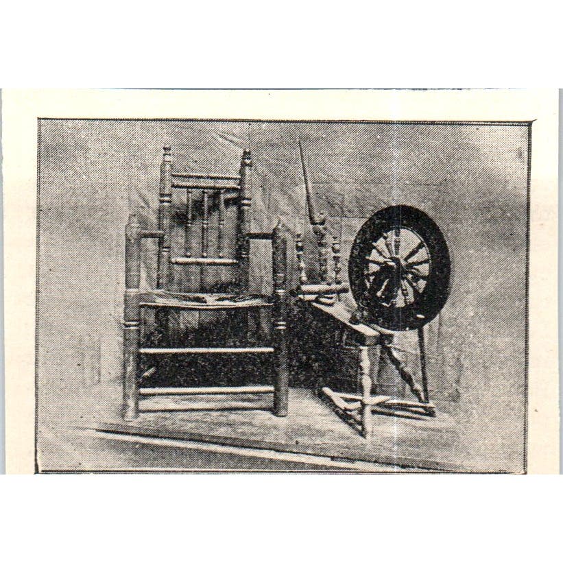 Ancient Spinning Wheel and Gov. Carver's Chair c1890 Victorian Print AE8-CH10