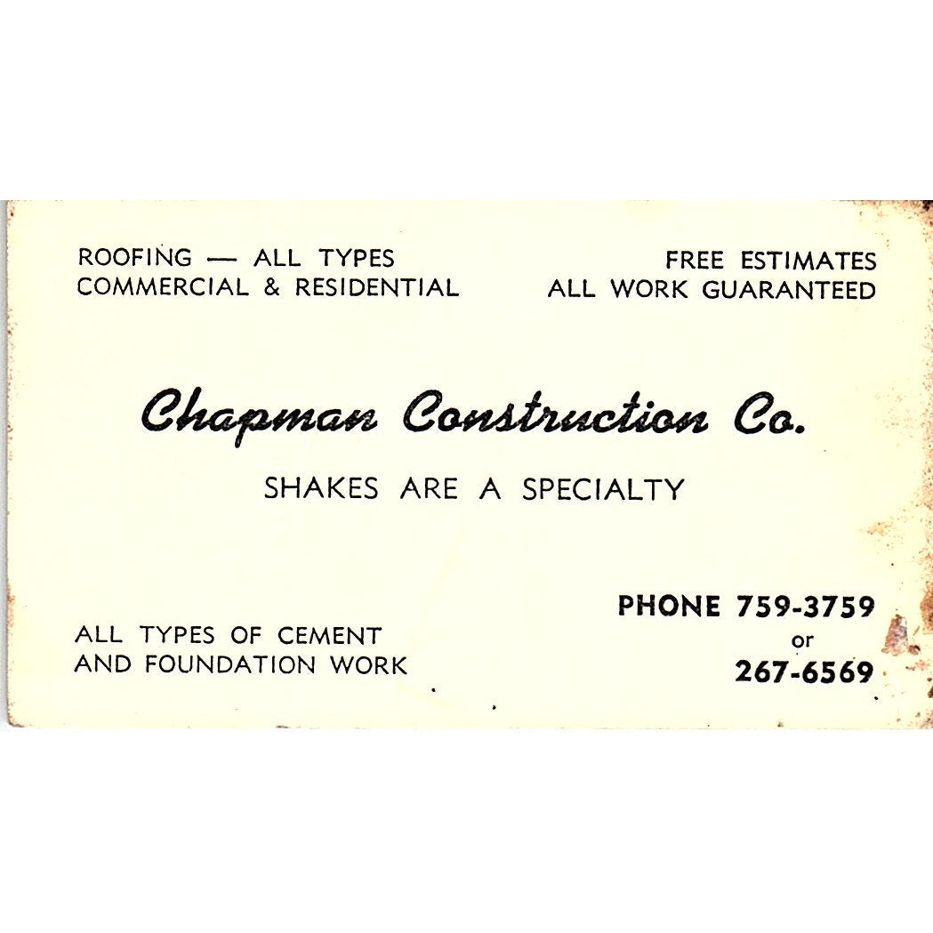 Chapman Construction Co Vintage Business Card SD9-B4