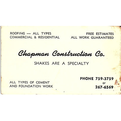 Chapman Construction Co Vintage Business Card SD9-B4