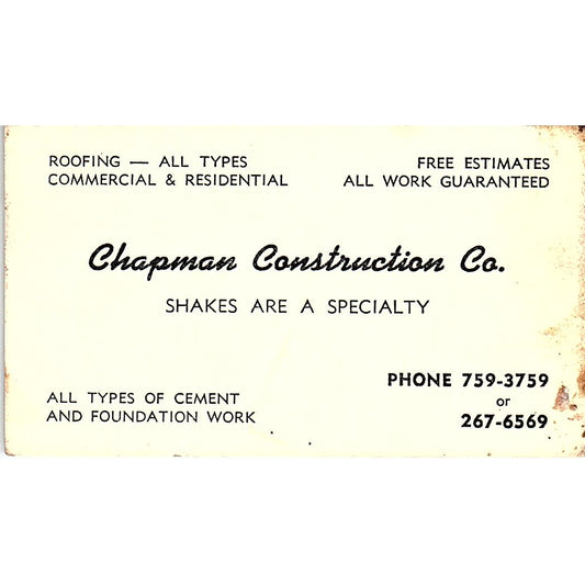 Chapman Construction Co Vintage Business Card SD9-B4