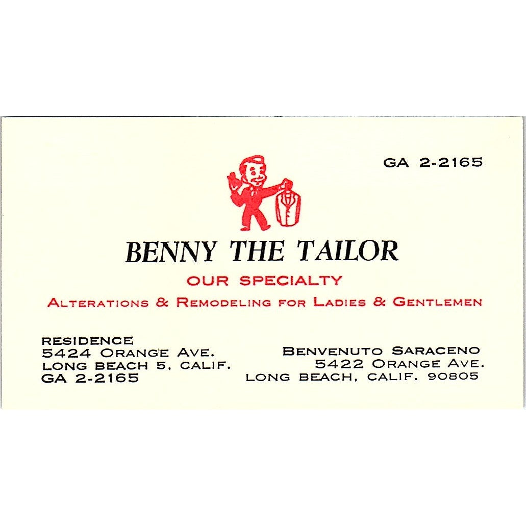 Benny The Tailor Benvenuto Saraceno Long Beach CA Vintage Business Card SB4-B11
