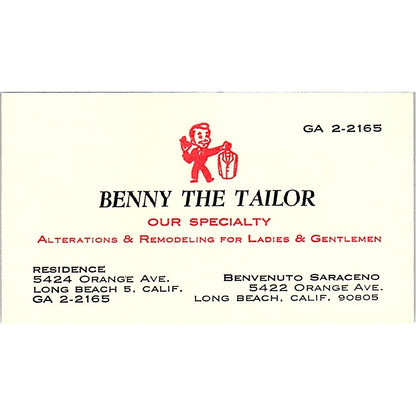 Benny The Tailor Benvenuto Saraceno Long Beach CA Vintage Business Card SB4-B11