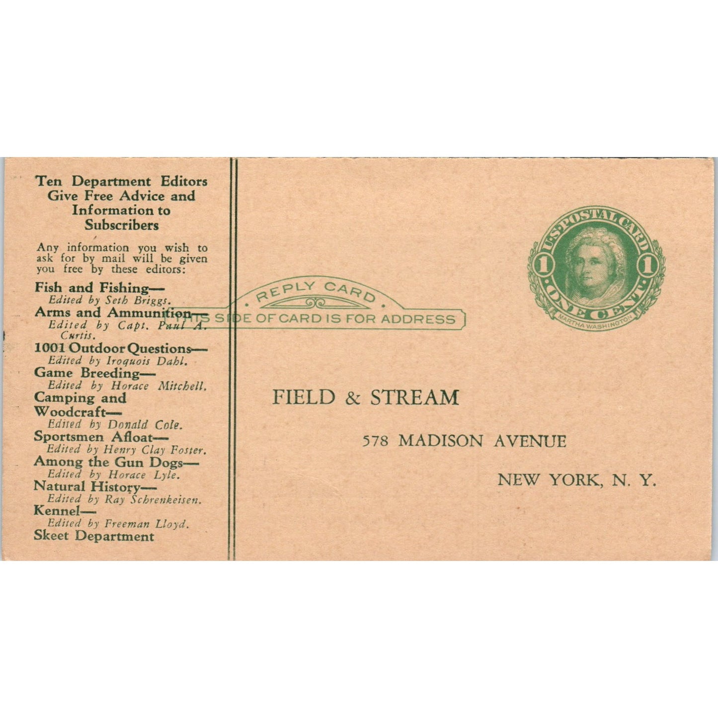 1930s Field and Stream Magazine Postal Mailing Card PE6
