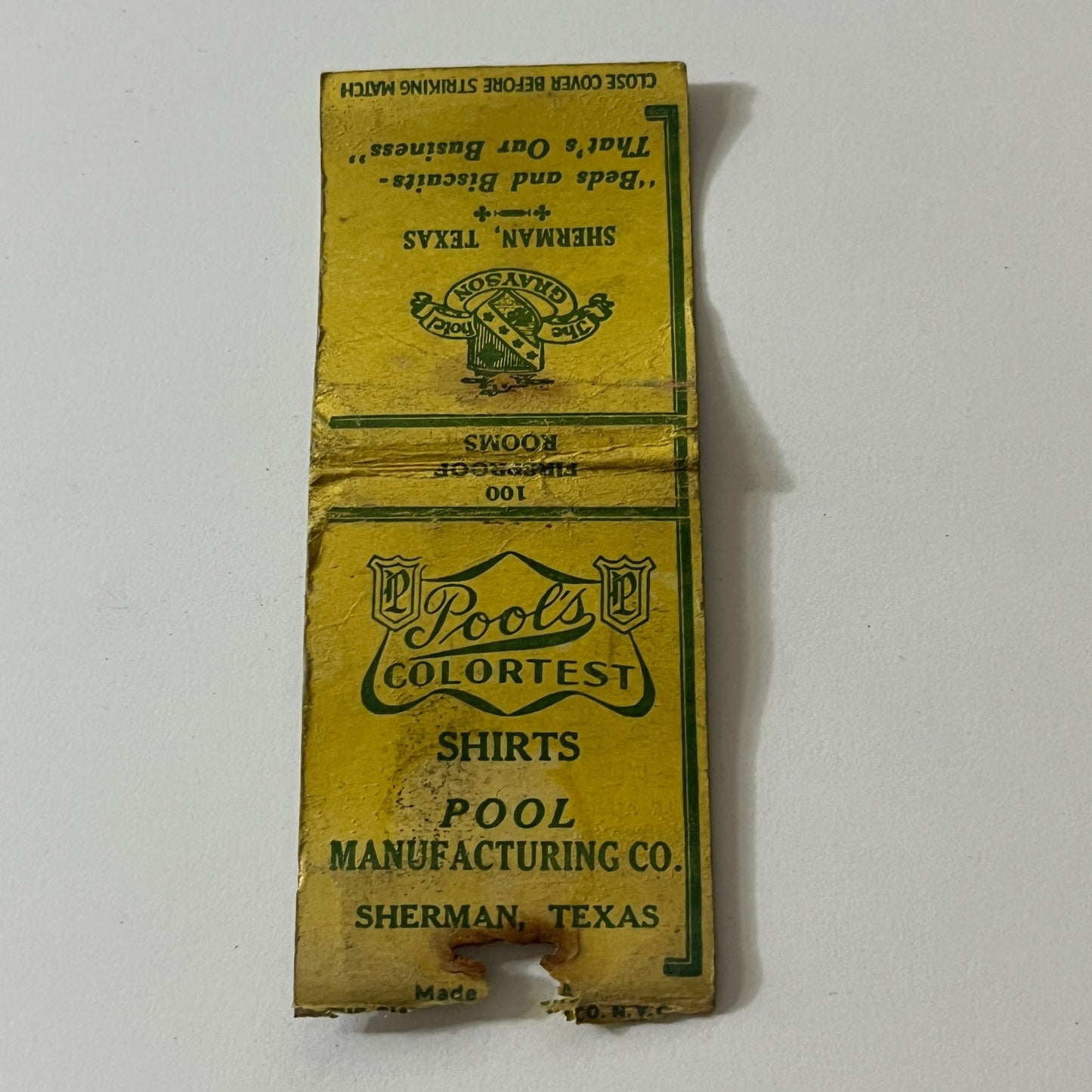 Grayson Hotel Sherman TX Pool Mfg Co Colortest Shirts Vtg Matchbook TB6-MB2-11