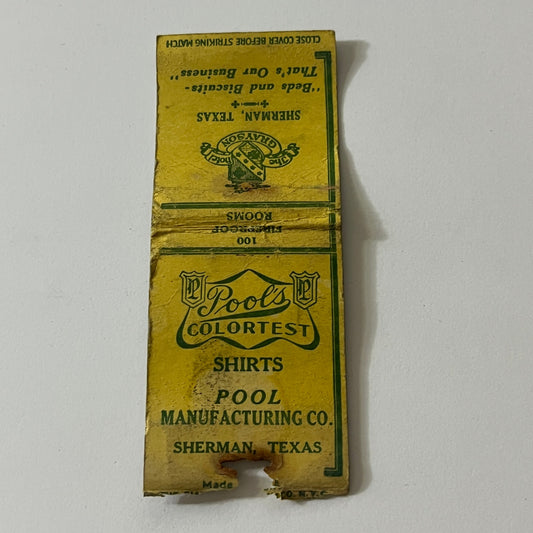 Grayson Hotel Sherman TX Pool Mfg Co Colortest Shirts Vtg Matchbook TB6-MB2-11