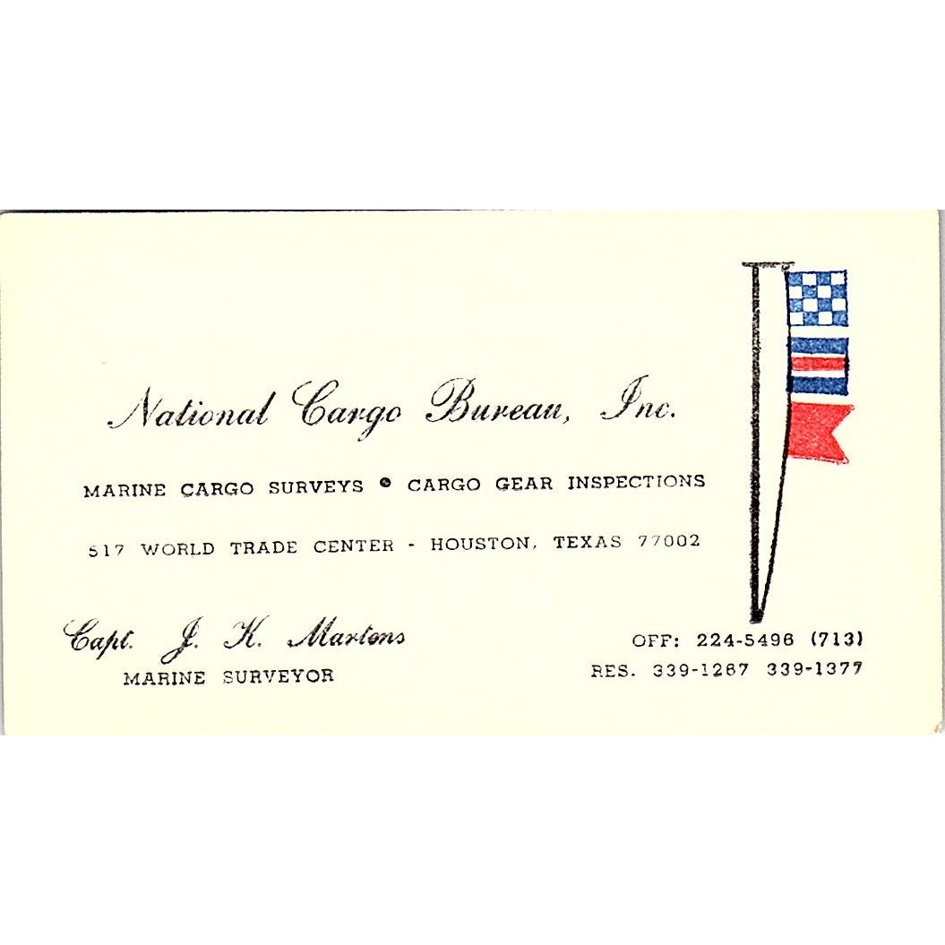 National Cargo Bureau, Inc. Capt. J.K. Marlons Houston TX Business Card SSB4-B13