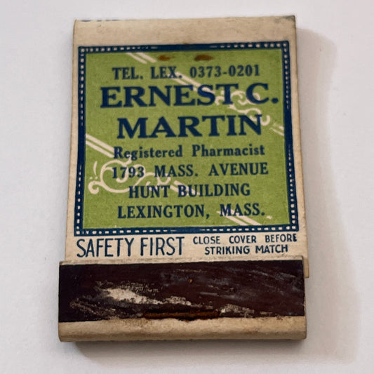 Ernest C Martin Pharmacist Hunt Building Lexington MA Matchbook Cover TB8-MB2-10