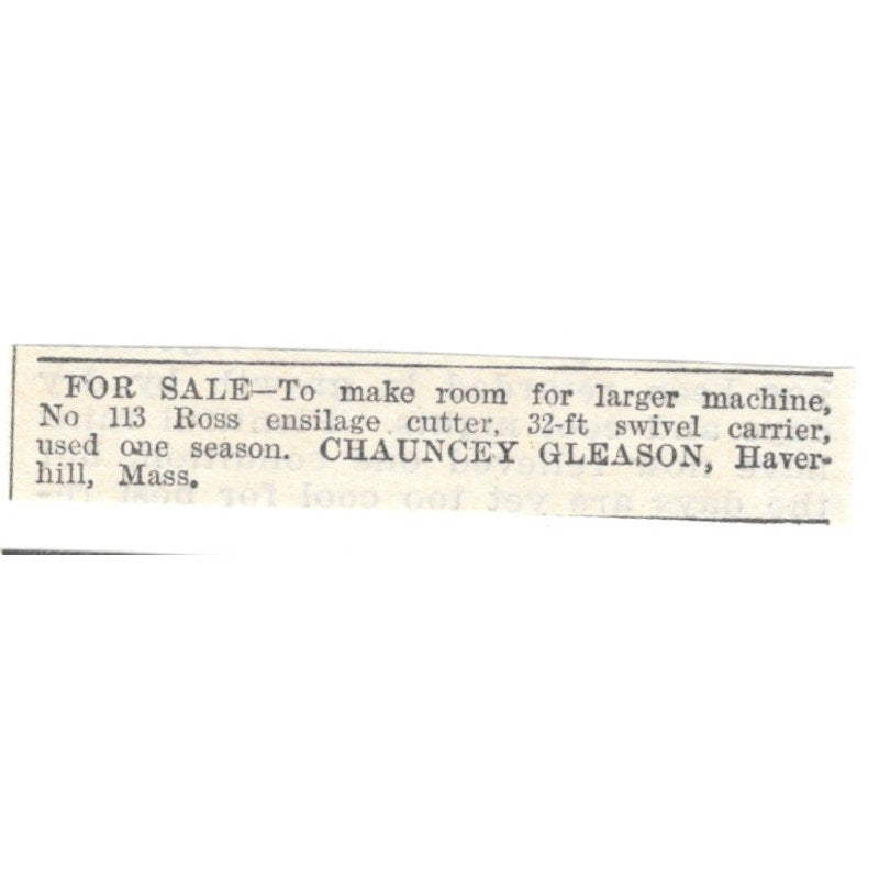 Ross Ensilage Cutter Chauncey Gleason Haverhill MA 1905 Magazine Ad AF1-NES1