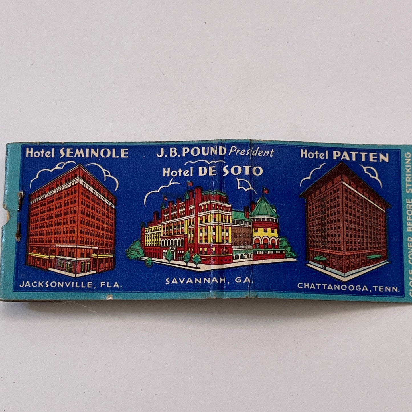 Hotel Seminole Jacksonville, Hotel De Soto Savannah Matchbook Cover TB8-MB3-6