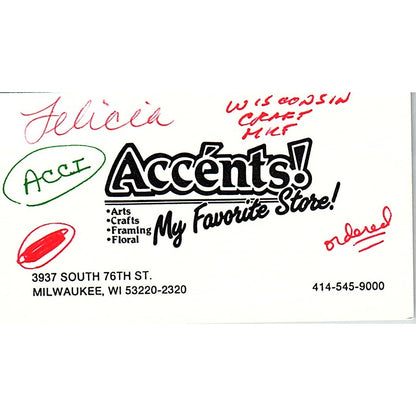 Accénts! Craft Store Felicia Milwaukee WI Vintage Business Card SC9-B8