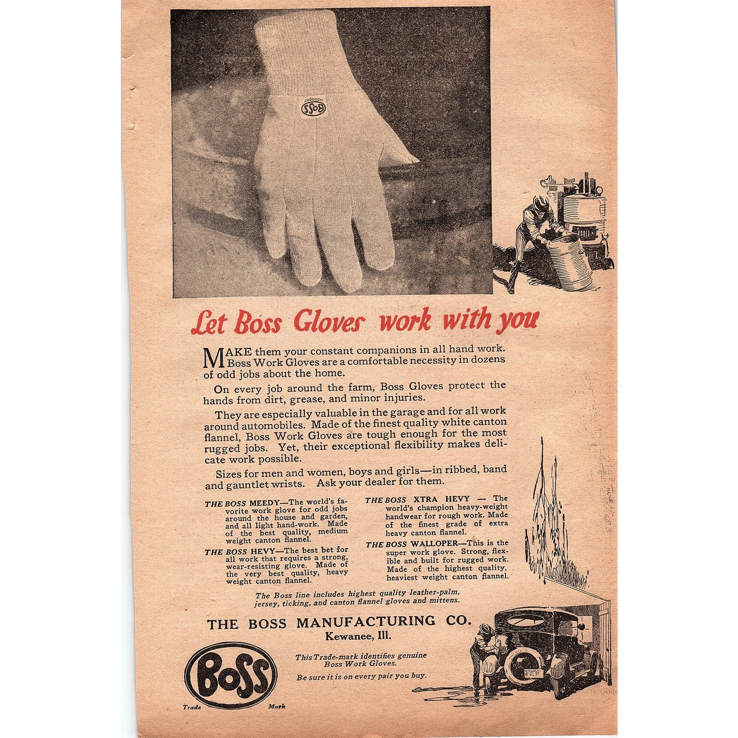 Boss Work Gloves The Boss Mfg Co Kewanee IL 1920 Ad V1-3